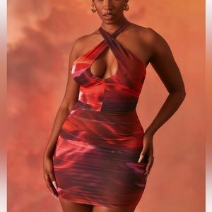 Oh Polly Out Of This World Crossover Ruched Mesh Mini Dress in Orange